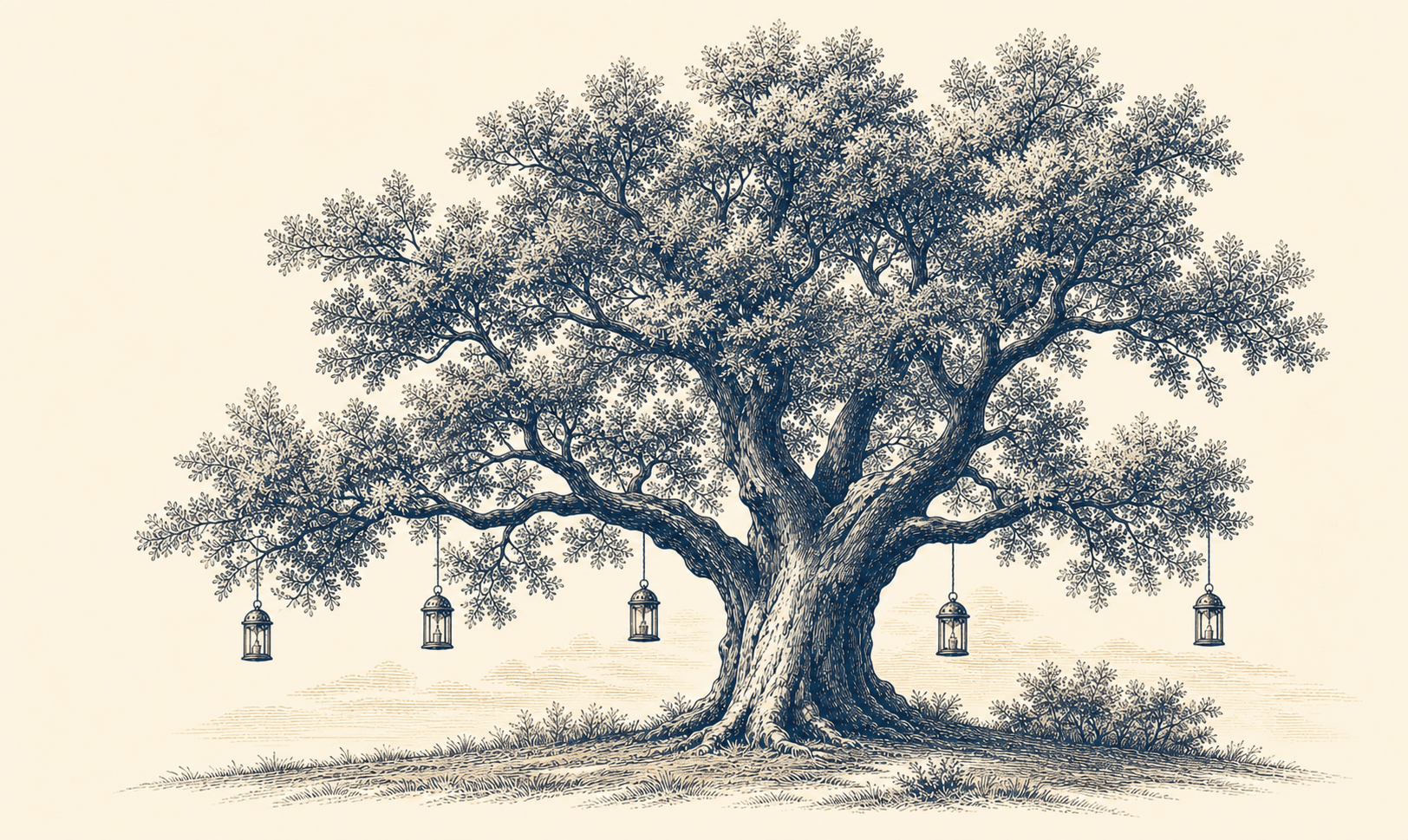 Engraved Liberty Tree illustration with five small hanging lanterns